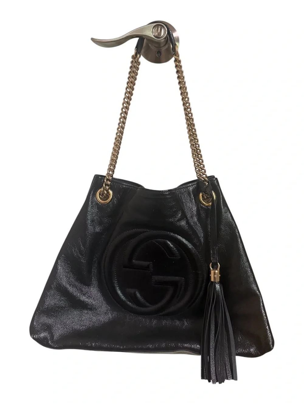 Gucci Soho Chain Tote Black Pebbled Leather Large GG Tassel Shoulder Bag